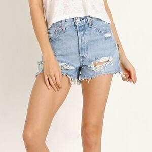 Levis 501 High Rise Light Wash Denim Distressed Cut Off Button Fly Jean Shorts